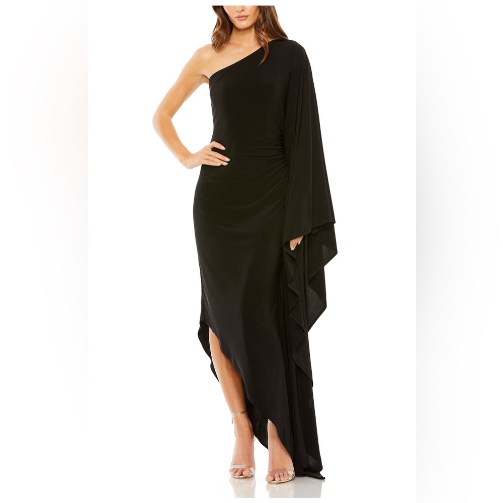 Mac Duggal One Shoulder Cape Sleeve Ruched Detail Jersey Gown black